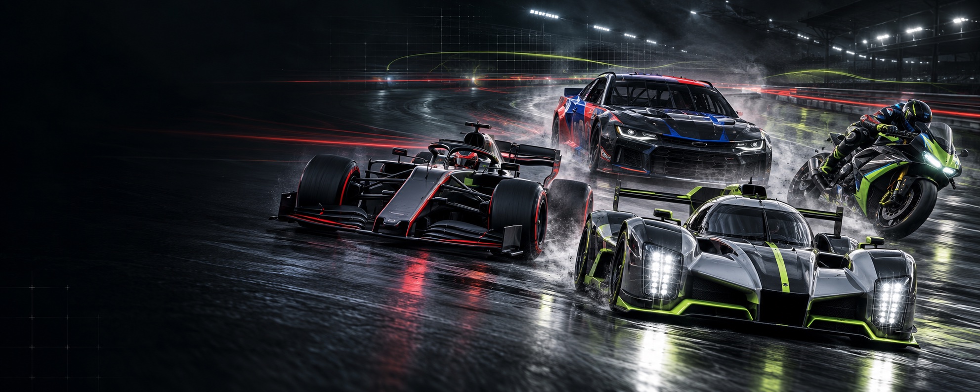 Stock car, open-wheel car, Grand Prix motorcycle and endurance prototype represented accurately
