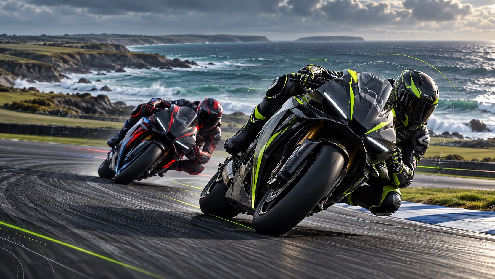 Two Grand Prix motorcycles leaned through a coastal circuit corner
