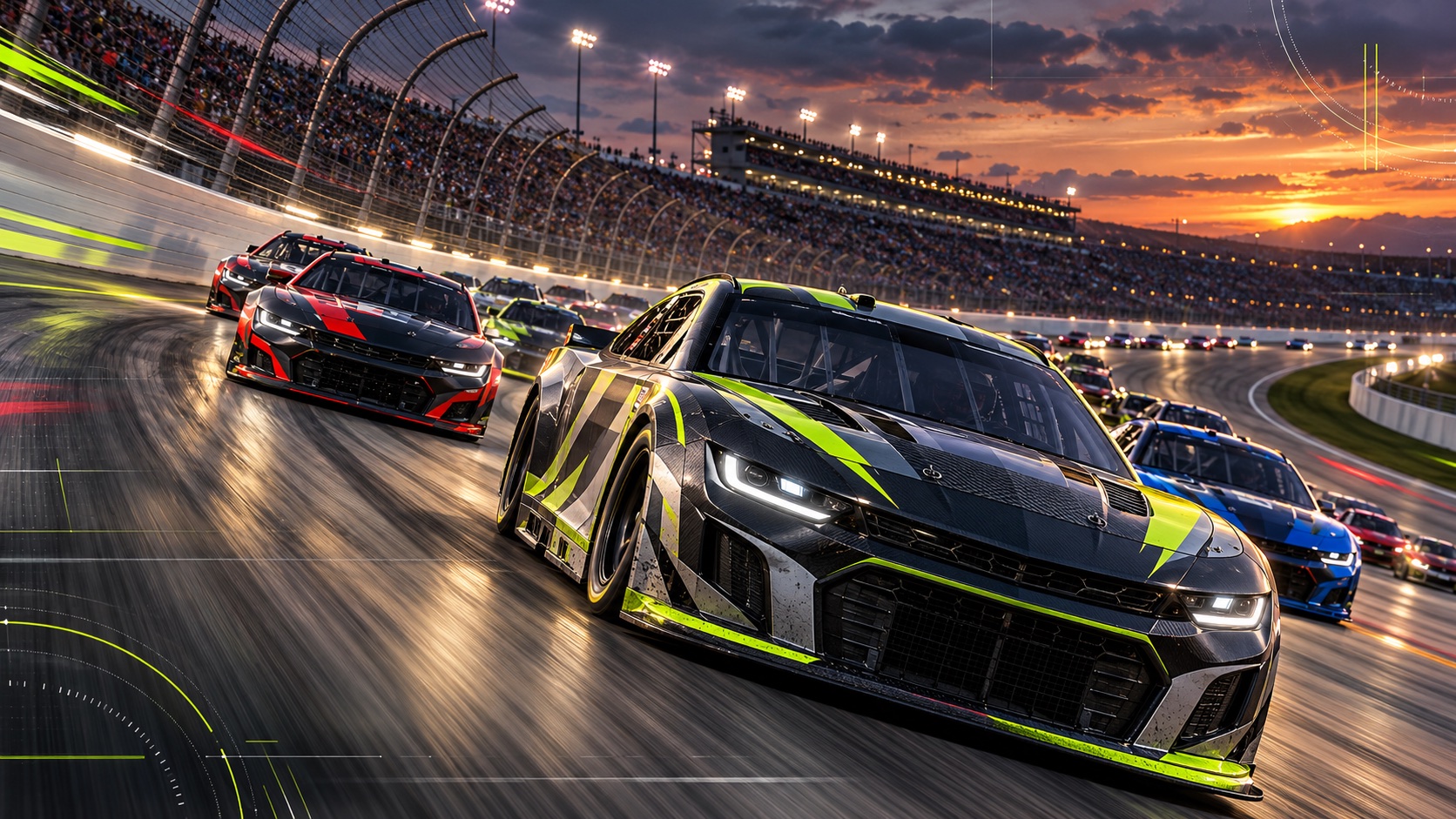 Stock cars racing through a steeply banked superspeedway turn
