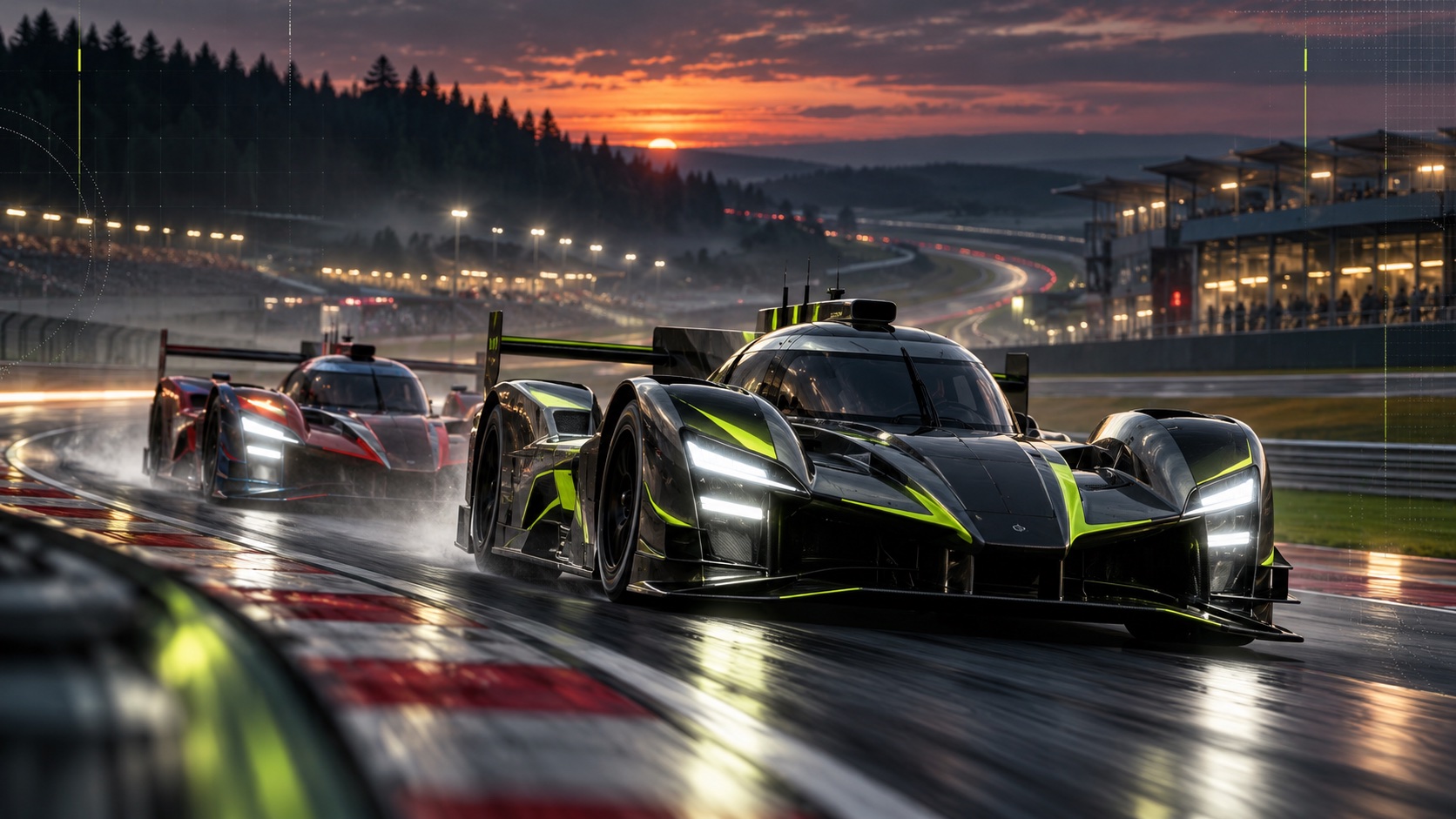 Two endurance racing prototypes competing at dusk